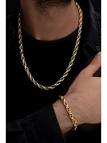 Erkek Çelik Bileklik Kolye Set -22 Ayar Gerçek Altın Kaplama Sarmal Model Çelik Set