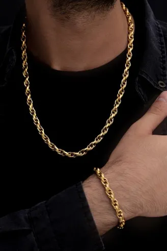 Erkek Çelik Bileklik Kolye Set -22 Ayar Gerçek Altın Kaplama Sarmal Model Çelik Set