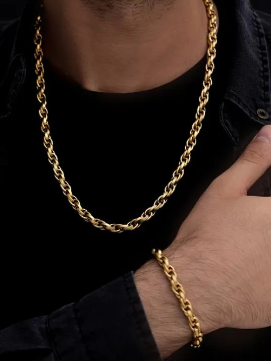 Erkek Çelik Bileklik Kolye Set -22 Ayar Gerçek Altın Kaplama Sarmal Model Çelik Set