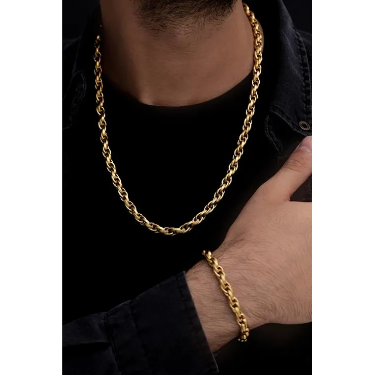 Erkek Çelik Bileklik Kolye Set -22 Ayar Gerçek Altın Kaplama Sarmal Model Çelik Set Erkek Çelik Bileklik Kolye Set -22 Ayar Gerçek Altın Kaplama Sarmal Model Çelik Set