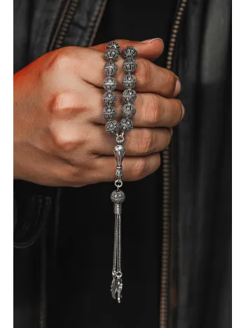 Erkek Tesbih - Beyhude Oksitli 925 Ayar Gümüş Erkek Tespih Orta Boy 40gr