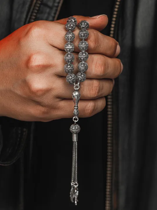Erkek Tesbih - Beyhude Oksitli 925 Ayar Gümüş Erkek Tespih Orta Boy 40gr