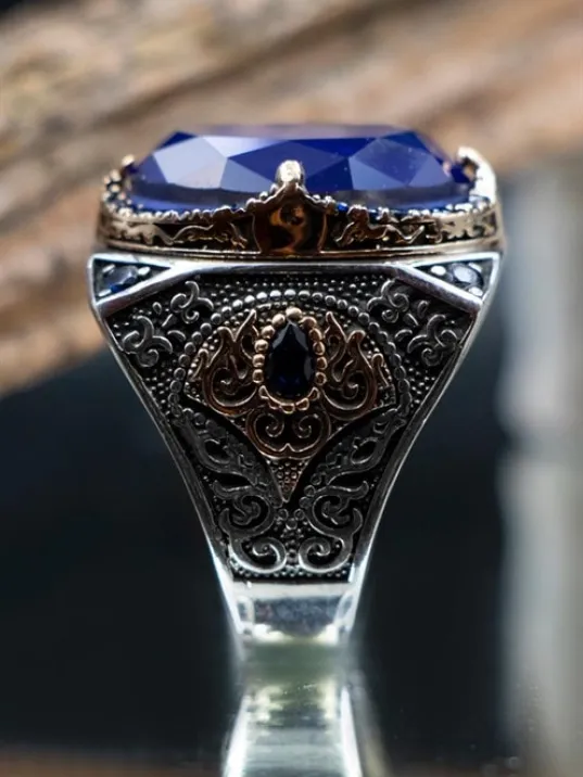 Lacivert Paraiba ve Zirkon Taşlı Erkek Gümüş Yüzük GYZYZKEND09-LCV