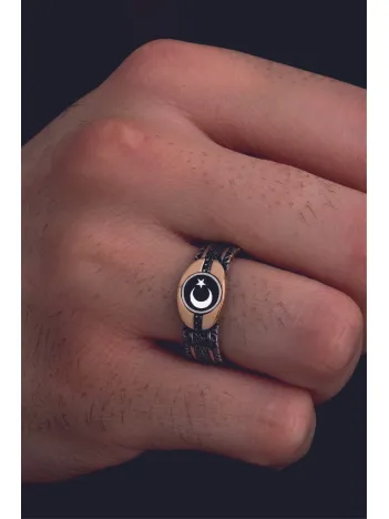 Erkek Gümüş Yüzük - Türk Bayrağı Ay Yıldız Sarmaşıklı Siyah Model Ince Kibar Erkek Yüzüğü Erkek Gümüş Yüzük - Türk Bayrağı Ay Yıldız Sarmaşıklı Siyah Model Ince Kibar Erkek Yüzüğü