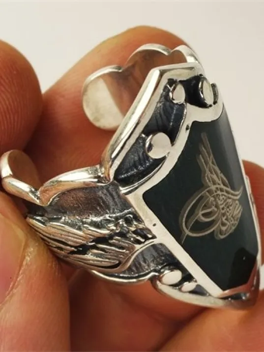 Osmanlı Tuğralı Yeşil Mineli Gümüş Erkek Zihgir Yüzük