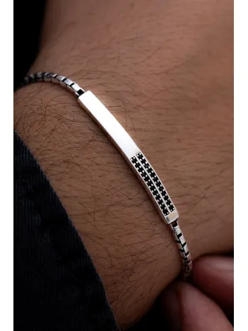 Erkek Gümüş Bileklik - Siyah Zirkon Taşlı Blok Model Gümüş Bileklik