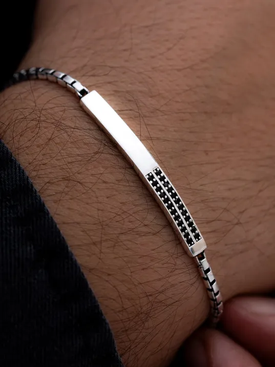 Erkek Gümüş Bileklik - Siyah Zirkon Taşlı Blok Model Gümüş Bileklik