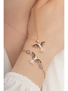 Kadın Gümüş Set - Rose Zümrüdü Anka Kuşu Kolye Bileklik Gümüş Set