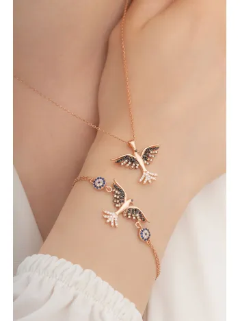 Kadın Gümüş Set - Rose Zümrüdü Anka Kuşu Kolye Bileklik Gümüş Set