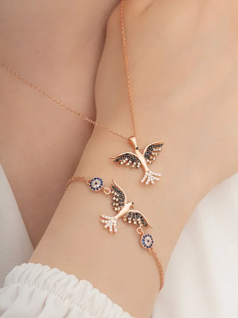 Kadın Gümüş Set - Rose Zümrüdü Anka Kuşu Kolye Bileklik Gümüş Set