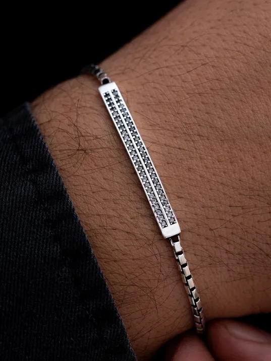 Erkek Gümüş Bileklik - Çift Zirkon Taşlı Küp Zincir Gümüş Bileklik