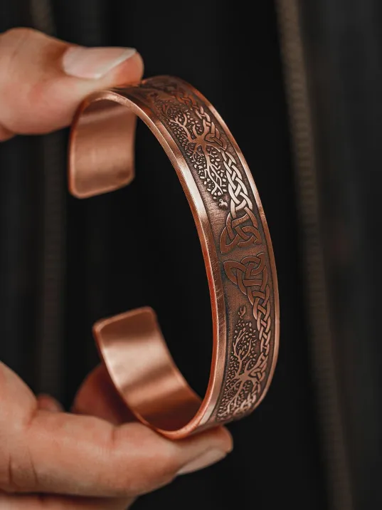 Erkek Bakır Bileklik - Viking Hayat Ağacı - YGGDRASİLL İskandinav Mitolojisi Erkek Kelepçe Bileklik