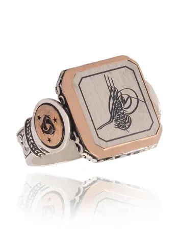 Kare Osmanlı Tuğra Model Yanı Teşkilat-ı Mahsusa Desenli Erkek Gümüş Yüzük