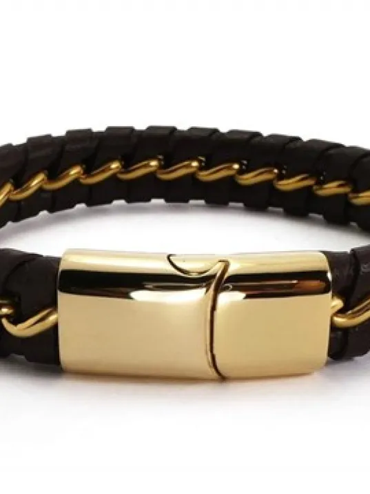 OttoMan Kahverengi Deri Çelik Erkek Bileklik 22k Altın Kaplama