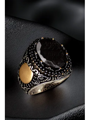 Erkek Siyah Zirkon Taşlı Harf Yazılabilir Model 925 Ayar Gümüş Yüzük