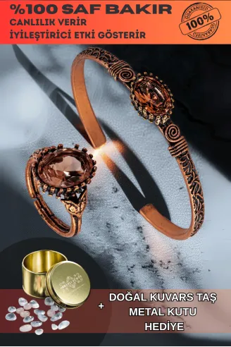 Kadın Bakır Bileklik Yüzük Set - Zultanit Taşı Mekik Ağaç Kabuğu Model İnce Metal Kutu Kuvars Taşlı