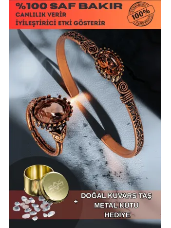 Kadın Bakır Bileklik Yüzük Set - Zultanit Taşı Mekik Ağaç Kabuğu Model İnce Metal Kutu Kuvars Taşlı