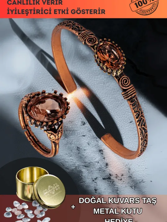 Kadın Bakır Bileklik Yüzük Set - Zultanit Taşı Mekik Ağaç Kabuğu Model İnce Metal Kutu Kuvars Taşlı