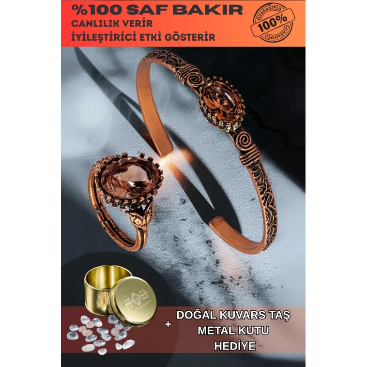 Kadın Bakır Bileklik Yüzük Set - Zultanit Taşı Mekik Ağaç Kabuğu Model İnce Metal Kutu Kuvars Taşlı Kadın Bakır Bileklik Yüzük Set - Zultanit Taşı Mekik Ağaç Kabuğu Model İnce Metal Kutu Kuvars Taşlı