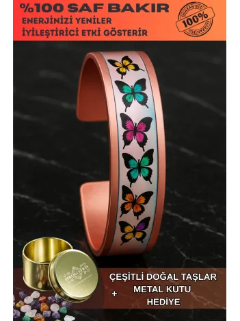 Kadın Bakır Bileklik - Butterfly Model Özel Baskı Metal Kutu Ve Doğal Taşlar
