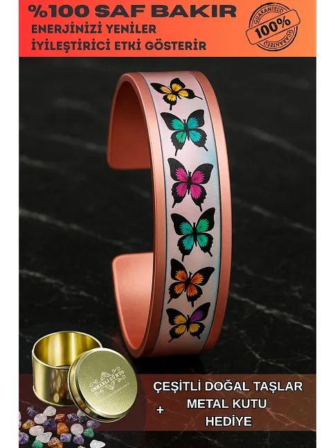 Kadın Bakır Bileklik - Butterfly Model Özel Baskı Metal Kutu Ve Doğal Taşlar