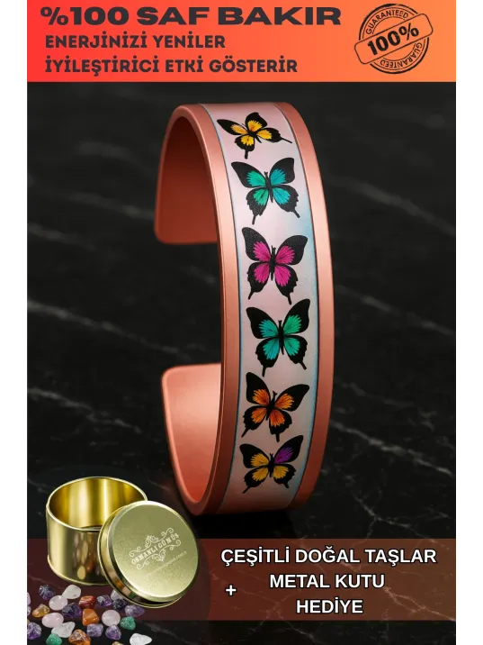 Kadın Bakır Bileklik - Butterfly Model Özel Baskı Metal Kutu Ve Doğal Taşlar
