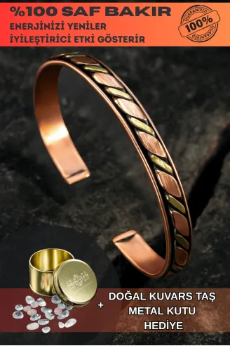 Copper Drop Bakır Kelepçe Bilezik Erkek Kadın Kuvars Taşı ve Metal Kutulu