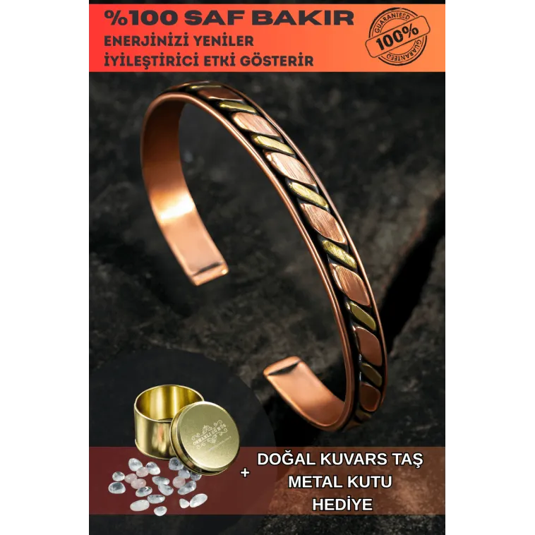 Copper Drop Bakır Kelepçe Bilezik Erkek Kadın Kuvars Taşı ve Metal Kutulu