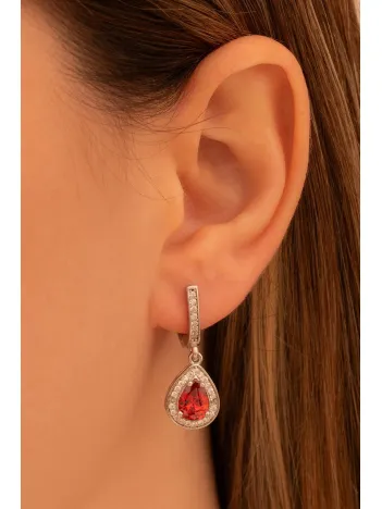 Kadın Gümüş Küpe - Damla Model Yakut Taşlı Zirkon Süslemeli Rodyumlu Kadın Küpe