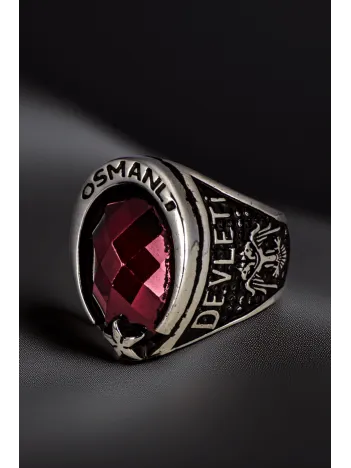 Erkek Yakut Taşlı Osmanlı Devleti Yazılı Selçuklu Kartalı Ve Arma İşlemeli 925 Ayar Gümüş Yüzük