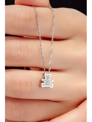 Kadın Gümüş Kolye - Swarovski Taşlı Zirconia Ayıcık Motifli Kadın Kolye
