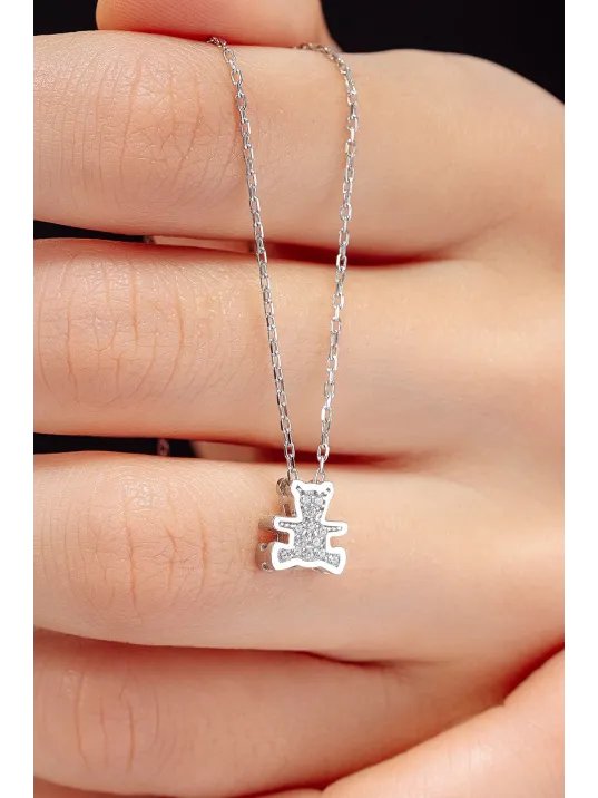 Kadın Gümüş Kolye - Swarovski Taşlı Zirconia Ayıcık Motifli Kadın Kolye