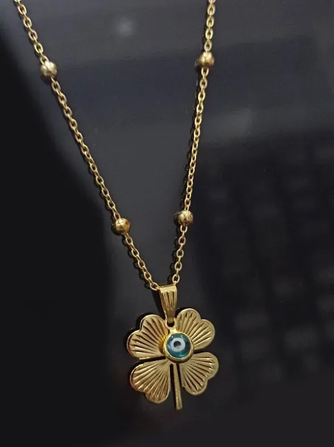 Gold Kaplama Altın Renk Top Zincir Nazar Boncuklu Yonca Bijuteri Kolye