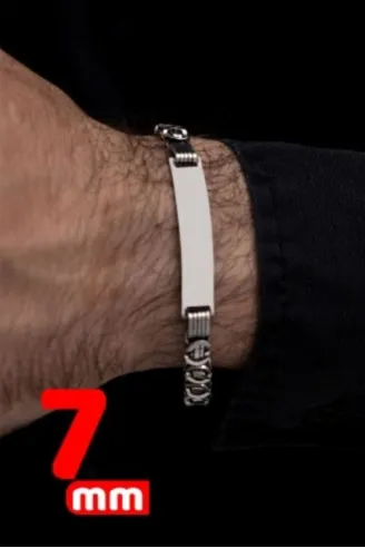 Erkek Gümüş Bileklik - 7 mm Isim Yazılan Gümüş Erkek Bileklik Künye Oksitli Euro Kral Model