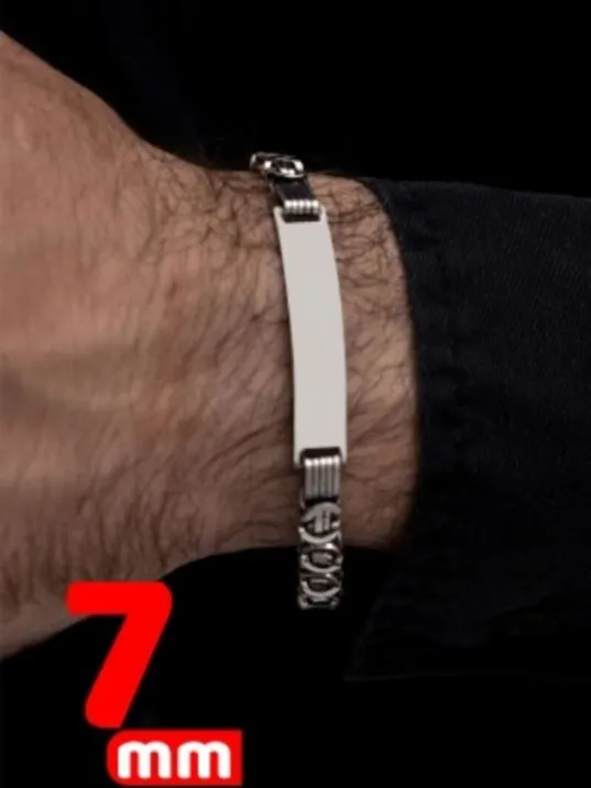 Erkek Gümüş Bileklik - 7 mm Isim Yazılan Gümüş Erkek Bileklik Künye Oksitli Euro Kral Model