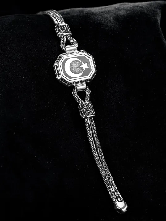 Erkek Gümüş Bileklik - Ay yıldız İşlemeli Tilkikuyruğu Zincirli 925 Ayar Erkek Bileklik