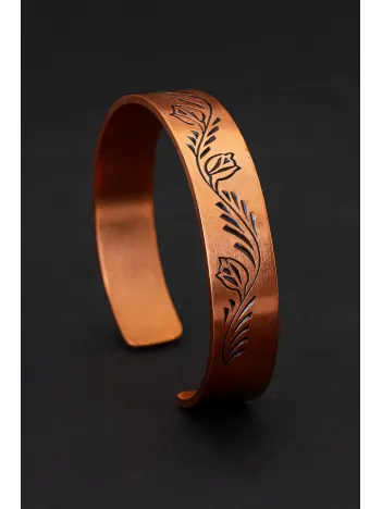 Kadın Bakır Bileklik - Lale Model Kadın Bakır Kelepçe Bilezik Metal Kutu ve Doğal Taşlar