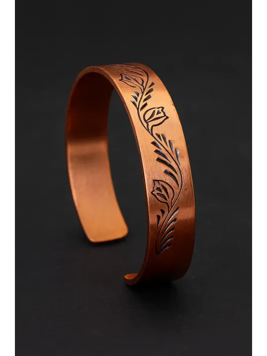 Kadın Bakır Bileklik - Lale Model Kadın Bakır Kelepçe Bilezik Metal Kutu ve Doğal Taşlar