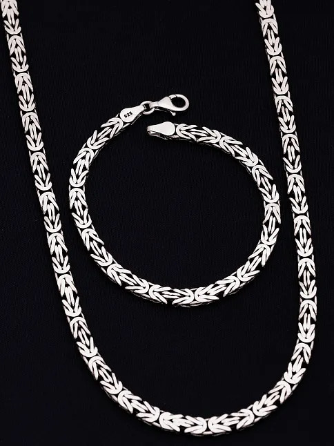 Erkek Gümüş Kolye Bileklik Set - 5.5mm Dikdörtgen Kesim Yassı Kral Gümüş Kolye Bileklik Set Erkek Gümüş Kolye Bileklik Set - 5.5mm Dikdörtgen Kesim Yassı Kral Gümüş Kolye Bileklik Set