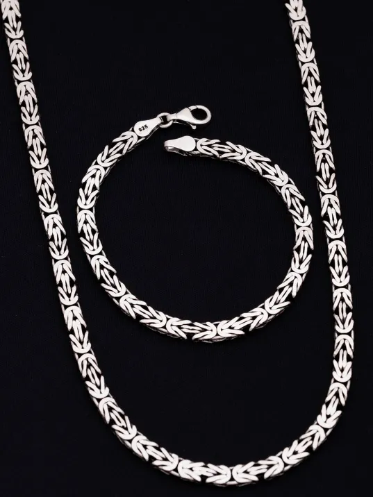 Erkek Gümüş Kolye Bileklik Set - 5.5mm Dikdörtgen Kesim Yassı Kral Gümüş Kolye Bileklik Set