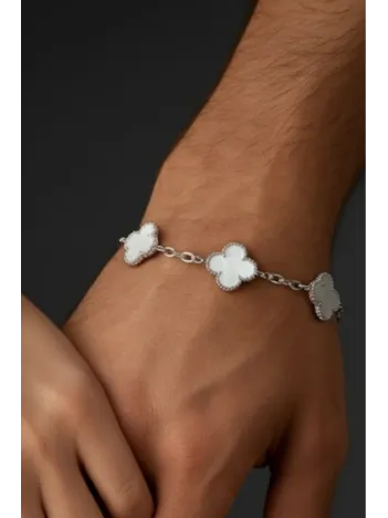 Erkek 925 Ayar Gümüş Beyaz Sedef Taşlı Yonca Model Zincir Bileklik