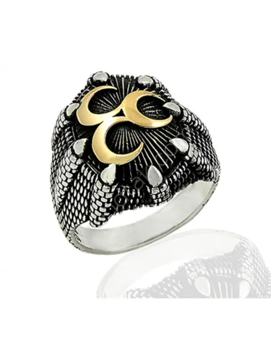 Erkek Gümüş Yüzük - Üç Hilal Motifli Kartal Pençeli 925 Ayar Gümüş Erkek Yüzük