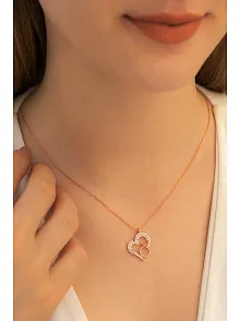 Kadın Gümüş Kolye - Zirkon Taşlı Rose Renk Tektaşlı Kalp Kadın Gümüş Kolye