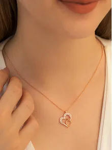 Kadın Gümüş Kolye - Zirkon Taşlı Rose Renk Tektaşlı Kalp Kadın Gümüş Kolye