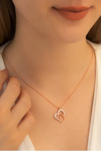 Kadın Gümüş Kolye - Zirkon Taşlı Rose Renk Tektaşlı Kalp Kadın Gümüş Kolye