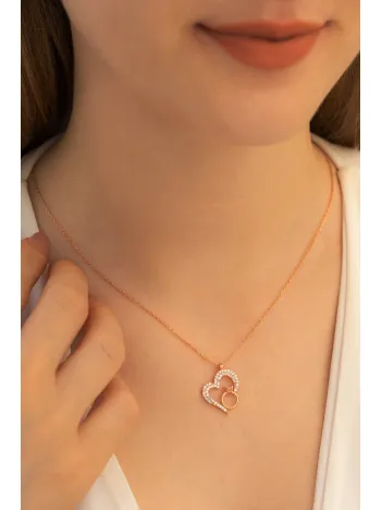 Kadın Gümüş Kolye - Zirkon Taşlı Rose Renk Tektaşlı Kalp Kadın Gümüş Kolye