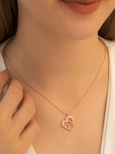 Kadın Gümüş Kolye - Zirkon Taşlı Rose Renk Tektaşlı Kalp Kadın Gümüş Kolye