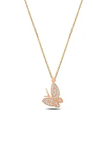 Kadın Rose Zirkon Taşlı Kelebek Model Gümüş Kolye Gklklbkmdl1-ros