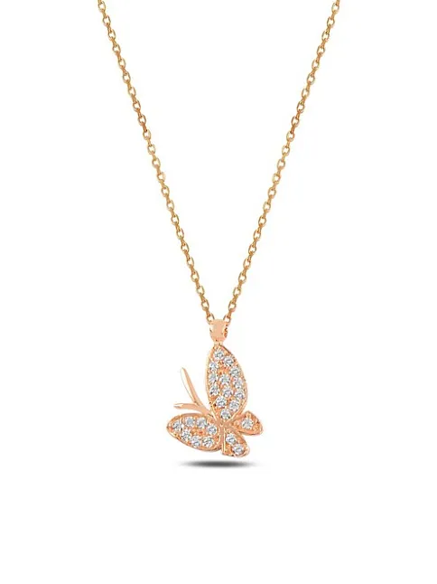 Kadın Rose Zirkon Taşlı Kelebek Model Gümüş Kolye Gklklbkmdl1-ros