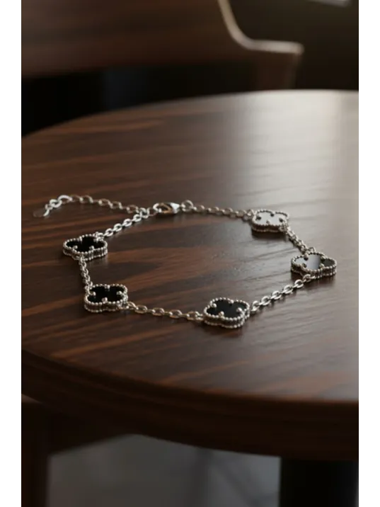 Kadın Gümüş Bileklik - Şans Dört Yaprak Motifli Oniks Taşlı Bilezik